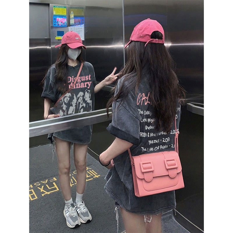 Official figure 6535 pull frame cotton American retro washed and worn short sleeve T-shirt women's summer loose ins fashion