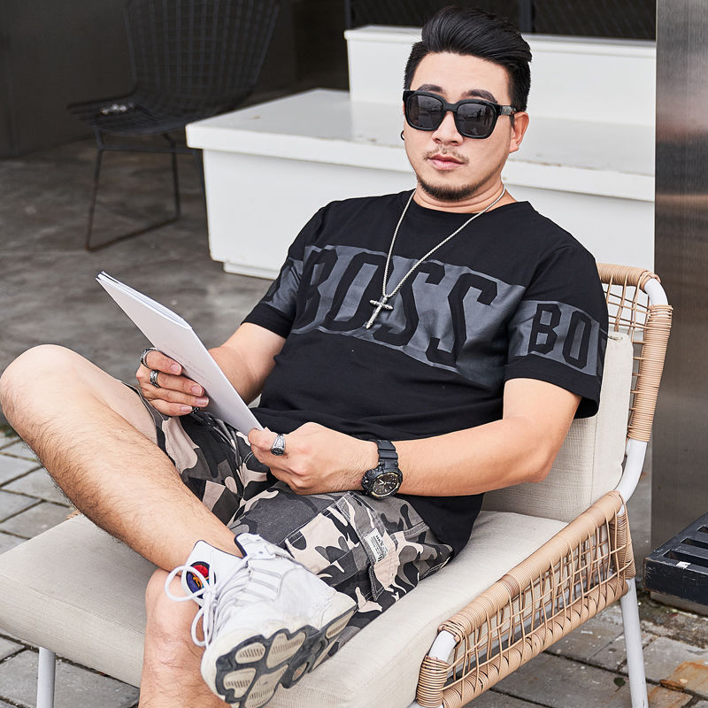 Fashion brand fat loose upper clothes men's Plus Size short sleeve T-shirt printed Pullover fat guy casual half sleeve
