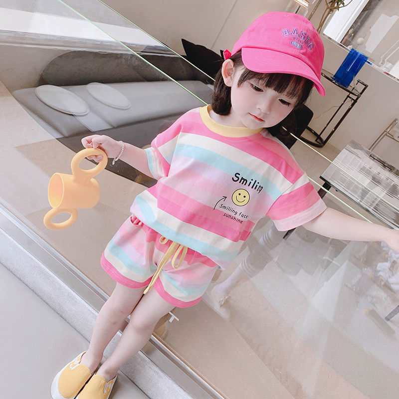 Girls' short sleeved T-shirt summer 2022 new summer net red suit girls' two-piece children's shorts Han Chao