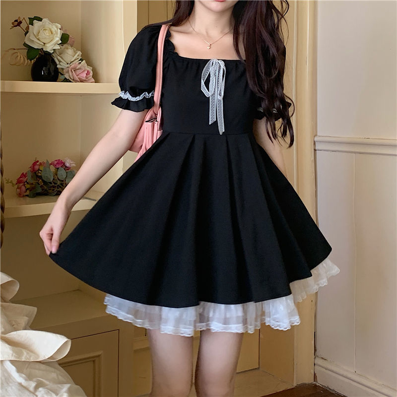 Hepburn style small black skirt women's summer 2022 new small dress square neck fried Street Lolita short skirt trend