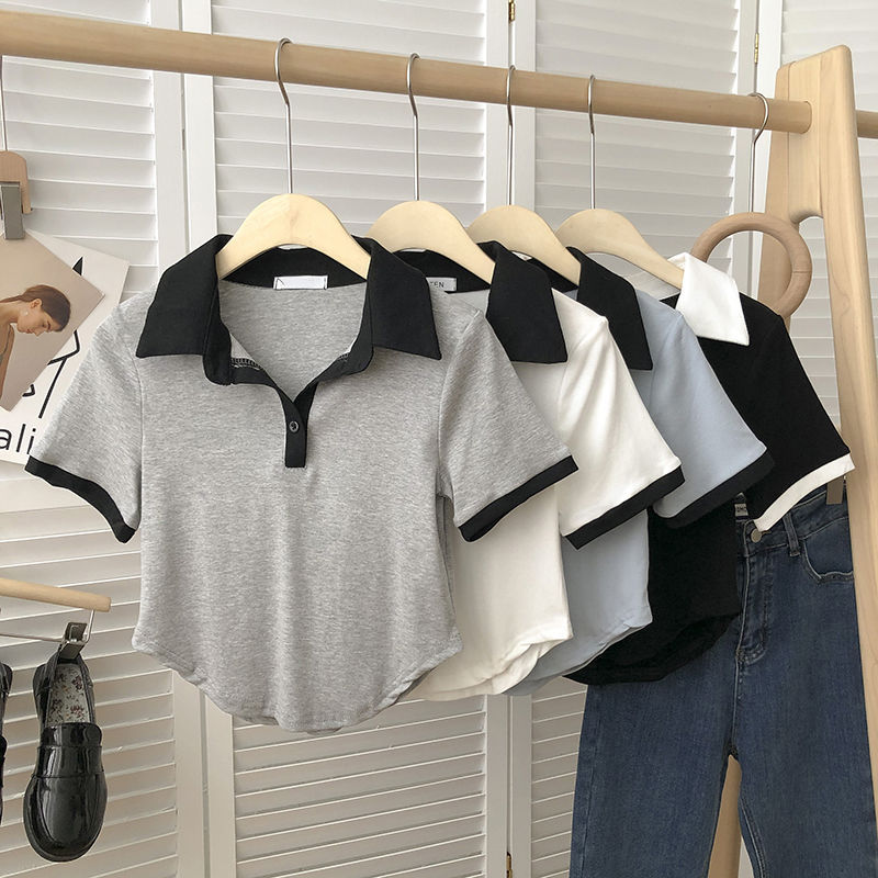 Irregular color matching Lapel single breasted short sleeve polo shirt women's Korean version versatile slim slim T-shirt