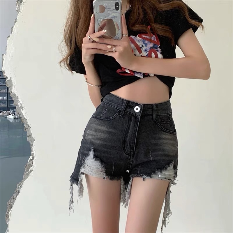 Niche jeans women's summer Spice Girls High Waist hot pants design sense of raw blue shorts loose wide leg pants fashion