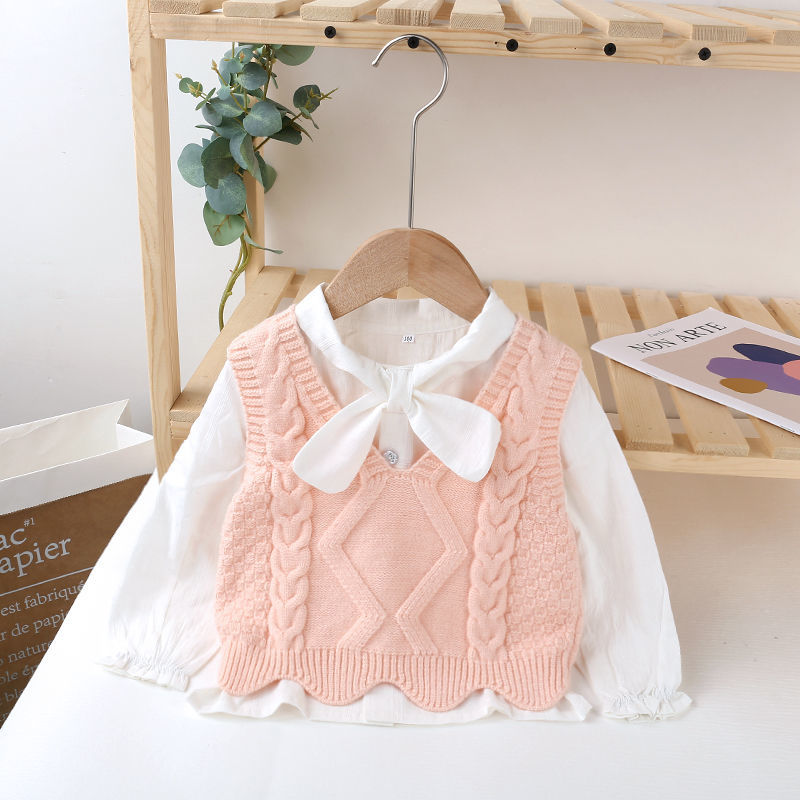 Girls' sweater vest two piece set spring and autumn new style foreign style fashion solid color baby cotton shirt + knitted sweater