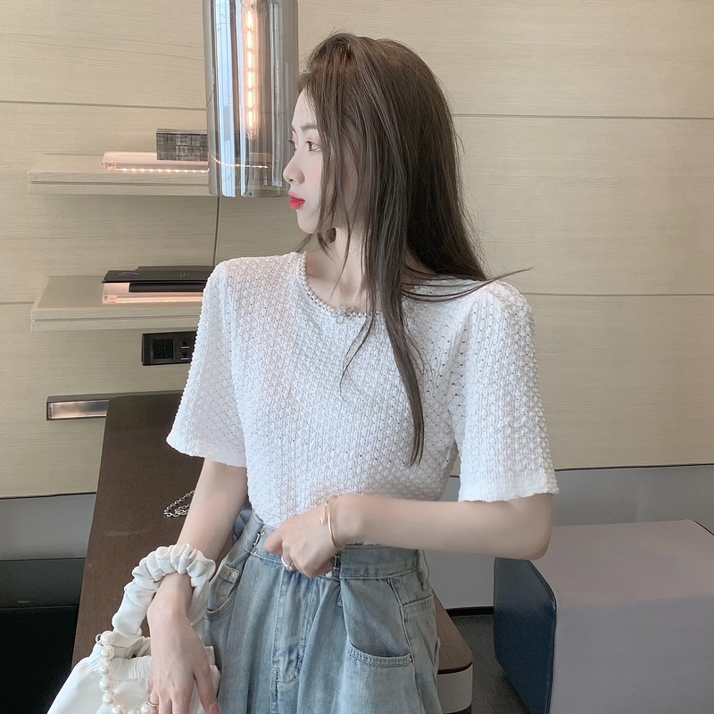 Real shot real price Korean version chic open back knitted shirt with thin pearl design