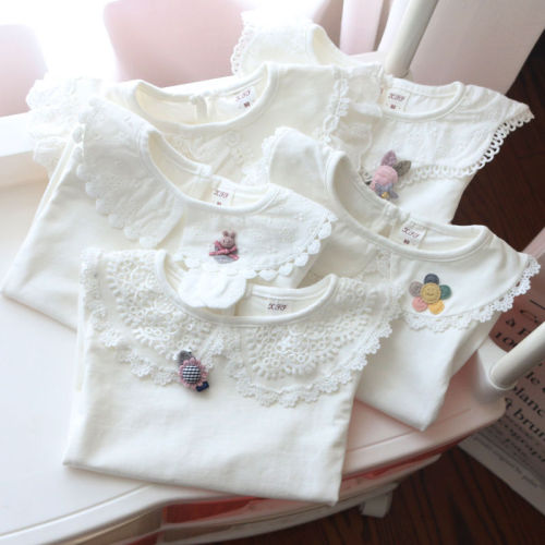 Spring new white Lapel children's knitting bottoming Shirt Girls' doll collar Lace Baby Long Sleeve T-Shirt