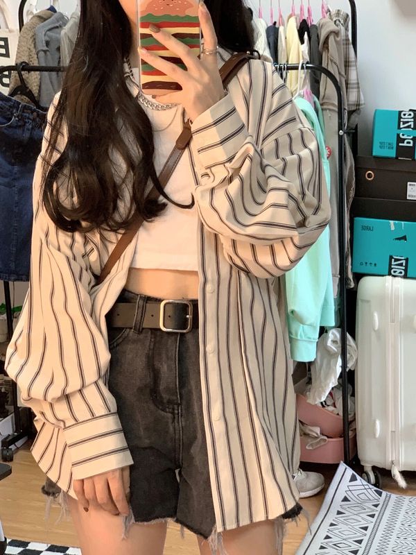 Striped Shirt Jacket Women's summer 2022 new Korean design sense, niche thin sunscreen cardigan long sleeved top