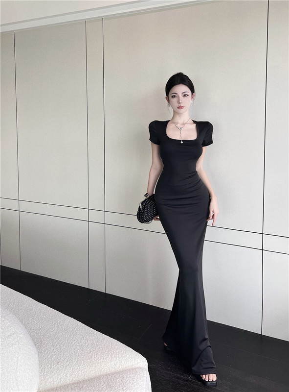Real sale price French square collar slim fit short-sleeved long fishtail mopping dress