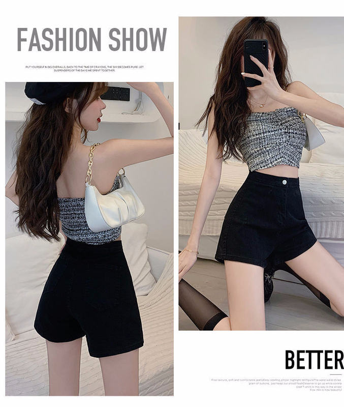 Summer thin denim shorts women's high waist elastic tight show thin sexy hip wrap ultra short Hot Pants Black