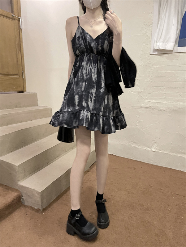 Real price real shot summer slim tie dyed Chiffon suspender dress cardigan two piece set a663+