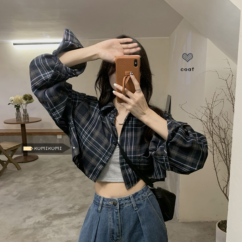 Vintage Plaid Long Sleeve Shirt Jacket Women's summer Hong Kong chic thin short shirt thin sunscreen top fashion