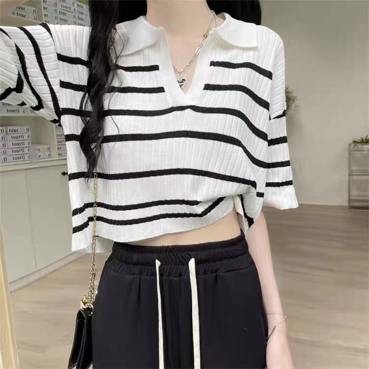 Striped Polo Shirt Lapel short sleeve T-shirt women's summer loose V-neck design sense niche knit top