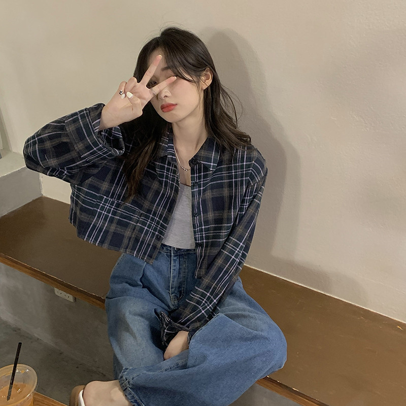 Woven Plaid Long Sleeved Shirt Jacket Women's summer short shirt sunscreen top