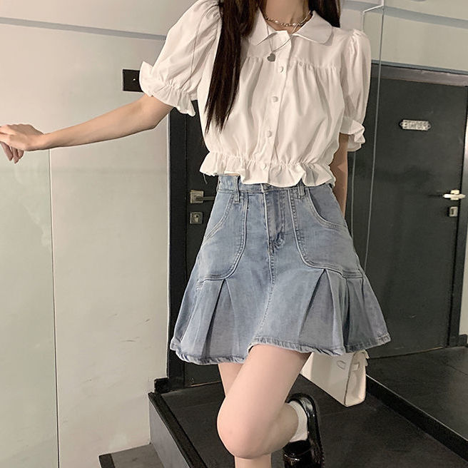 Summer Korean college style sweet Bubble Sleeve Shirt Top Women + high waist thin chic pleated skirt fashion