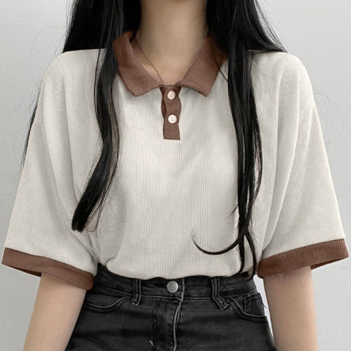 College style polo collar simple and versatile contrast Lapel t-shirt female loose student Casual Short Sleeve summer top trend