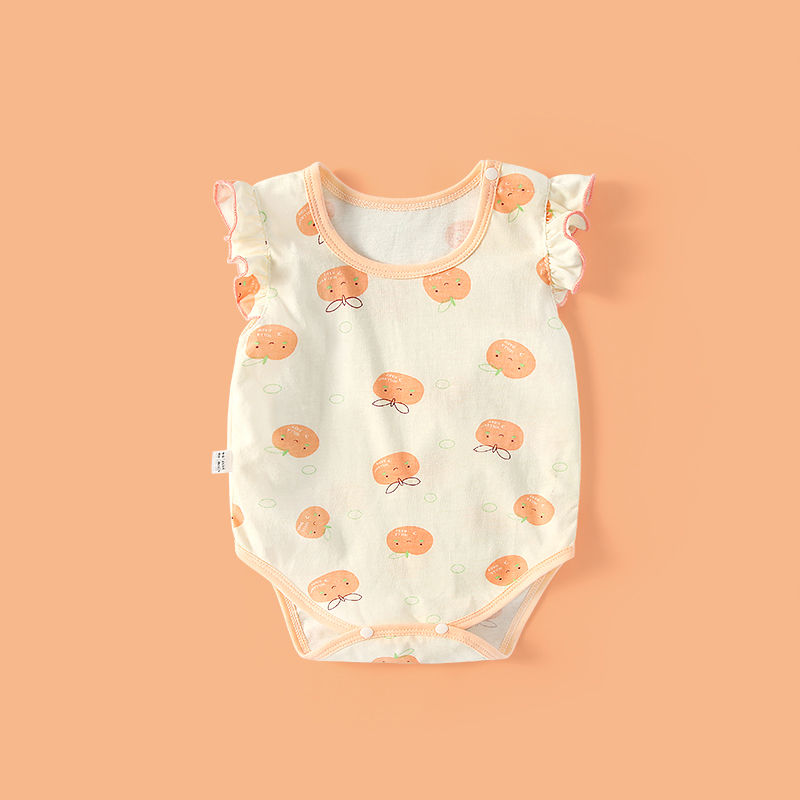 Summer clothes 0-3 years old female treasure short sleeved fart wrapped clothes butterfly sleeves printed cute crawling clothes infant one-piece Khaki pajamas