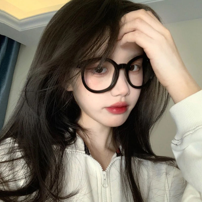 Large black frame glasses female plain facial artifact net red large frame Japanese anti blue light round face myopia can be equipped with several degree glasses frame