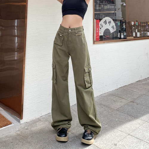 Real shooting # military green American retro overalls women's 2022 new high waist street straight casual mops