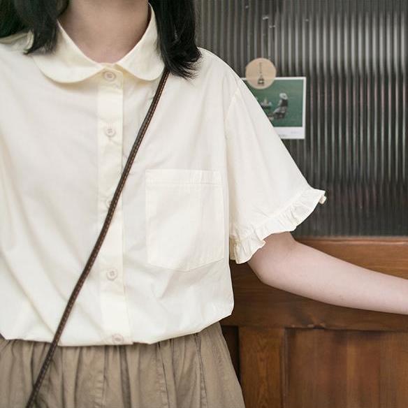 Japanese lace sleeve doll neck short sleeve shirt female student summer thin loose versatile girl shirt student top