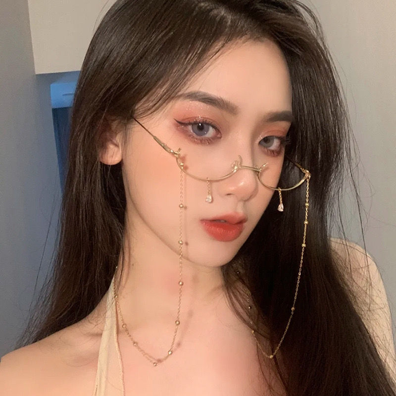Net red same lower half frame glasses women's water drops no lens decoration cos secondary element glasses frame with chain