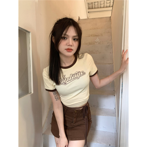 Korean new retro style hot girl printed short cotton short sleeved T-shirt casual and versatile slim fit