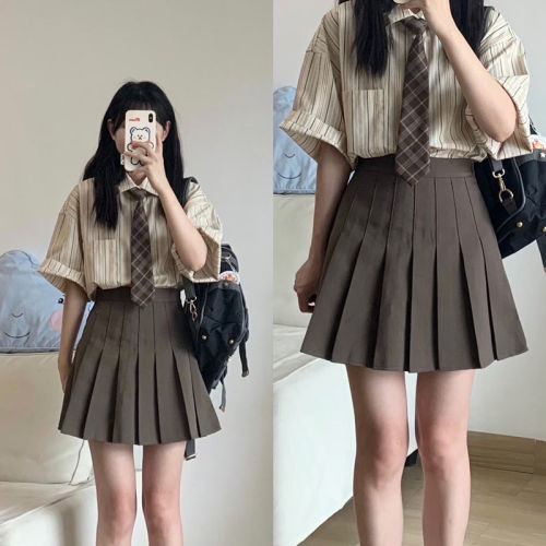 [two suits] college style cool and cute striped shirt women's summer retro short sleeved shirt pleated skirt