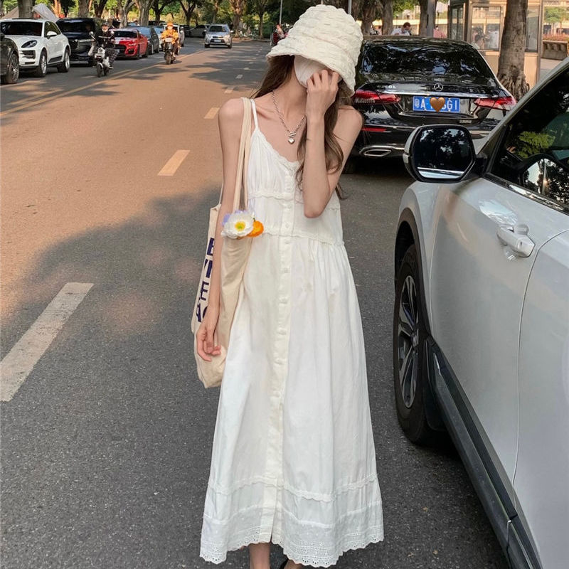 Summer Korean version gentle style V-neck splicing suspender skirt women's high waist thin medium length sweet versatile vest skirt fashion