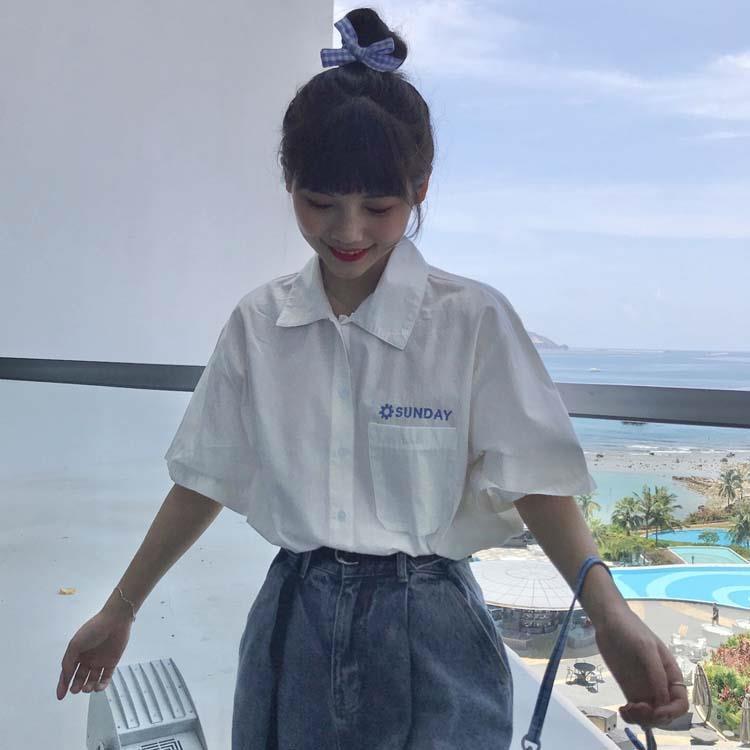 Japanese shirt female student summer new vintage letter embroidery JK top college style loose short sleeve white shirt