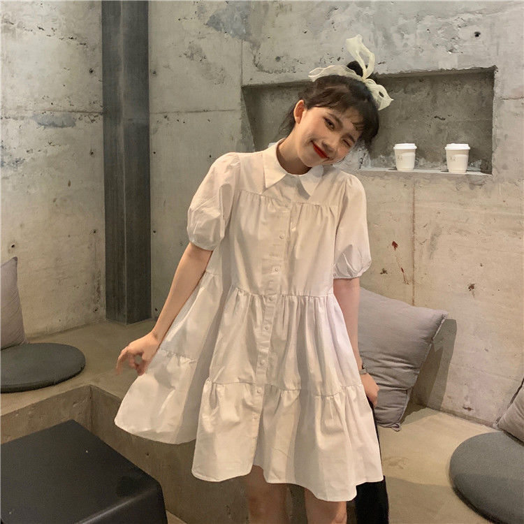 Summer new Korean college style small solid polo collar dress female student loose short sleeve A-line skirt