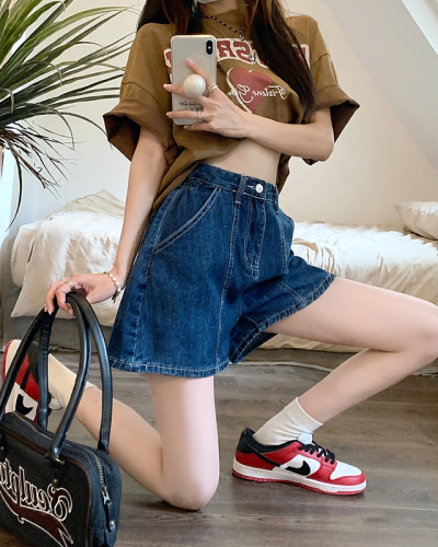 Real auction real price 2022 summer New High Waist Wide Leg Denim Shorts women's small straight pants ins fashion