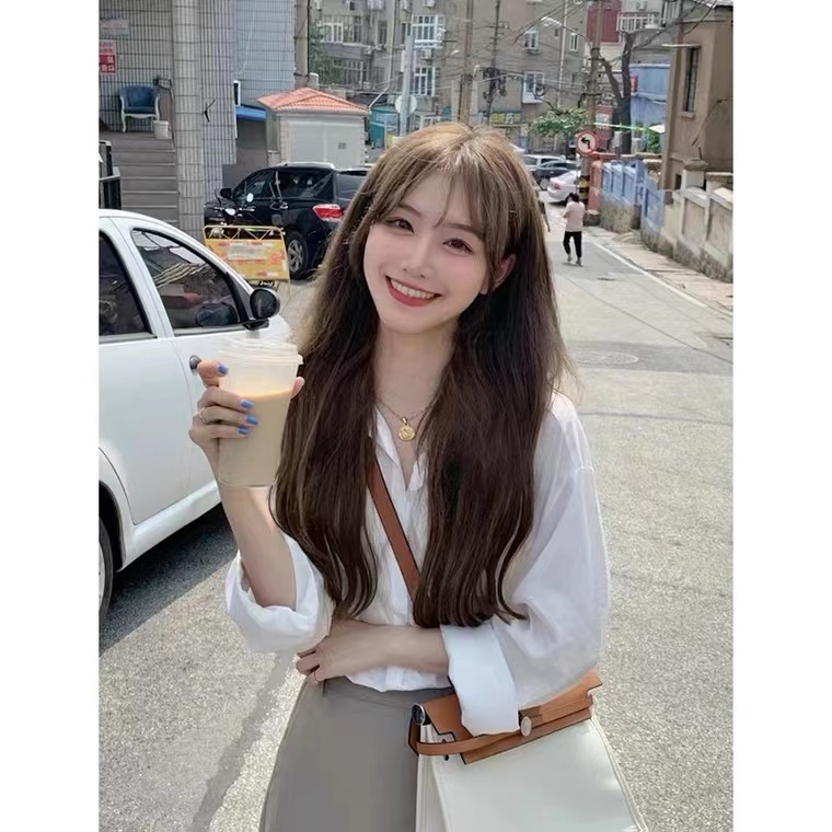 French white shirt women's spring and autumn high sense casual shirt polo collar chic spring coat sunscreen shirt