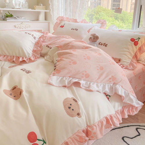Princess style bedding four piece set spring and summer bed sheet quilt cover bed skirt student dormitory single bed three piece set
