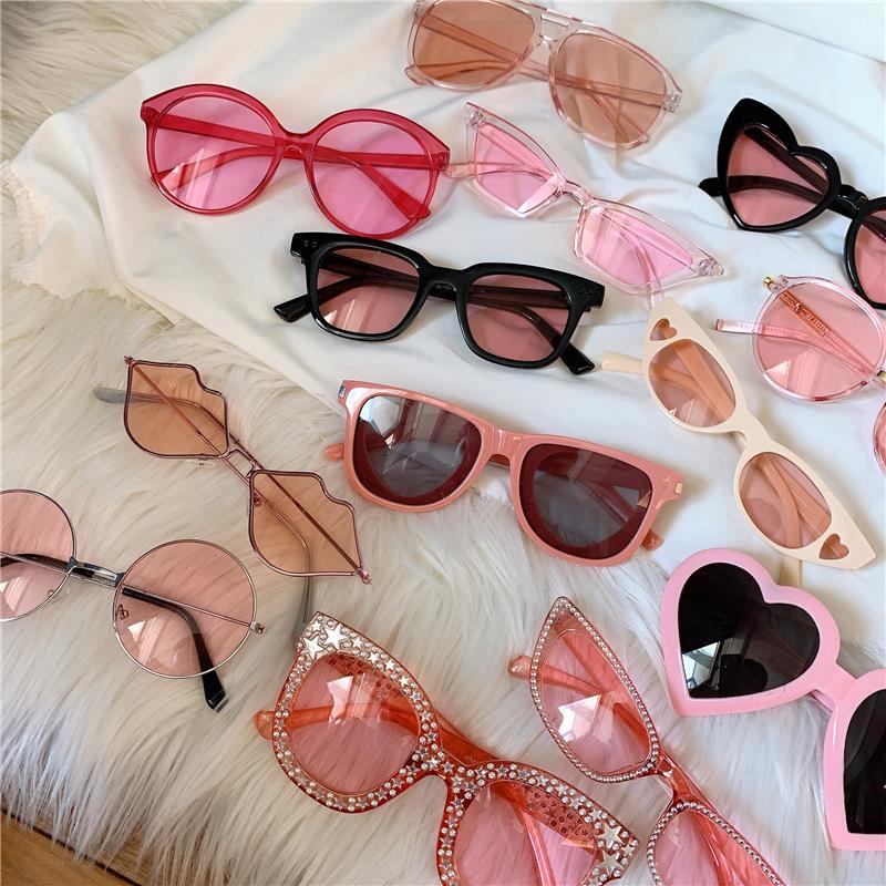 Girls' Pink Sunglasses girls' ins love flowers Sunglasses retro Hong Kong Style funny cute versatile Street Photos of girlfriends