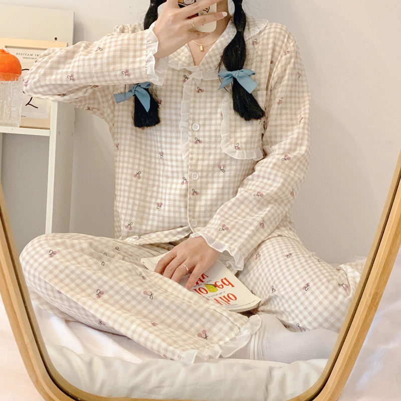 New sweet cherry Plaid pajamas women's spring and autumn ins long sleeved pants Korean home clothes two-piece suit
