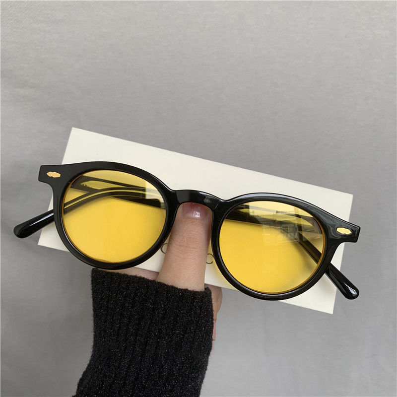 Quan Zhilong's same Korean yellow round sunglasses men's and women's fashion retro handsome disco Black Sunglasses small face
