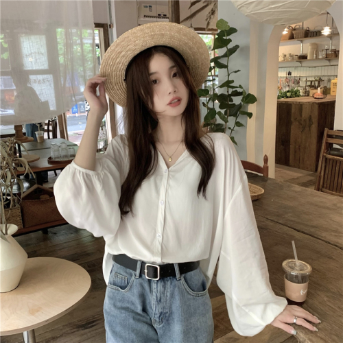 Real price V-neck single breasted silk cotton comfortable Korean version simple temperament thin loose long sleeved shirt