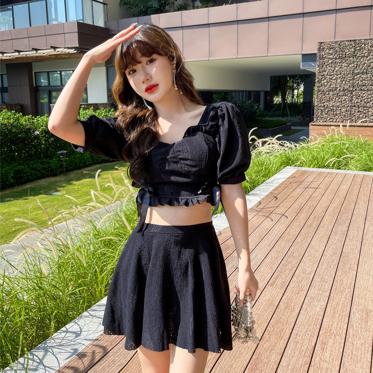 Swimsuit lady sweet fairy fan conservative two piece split slim high waist belly covered swimsuit sexy Korean ins