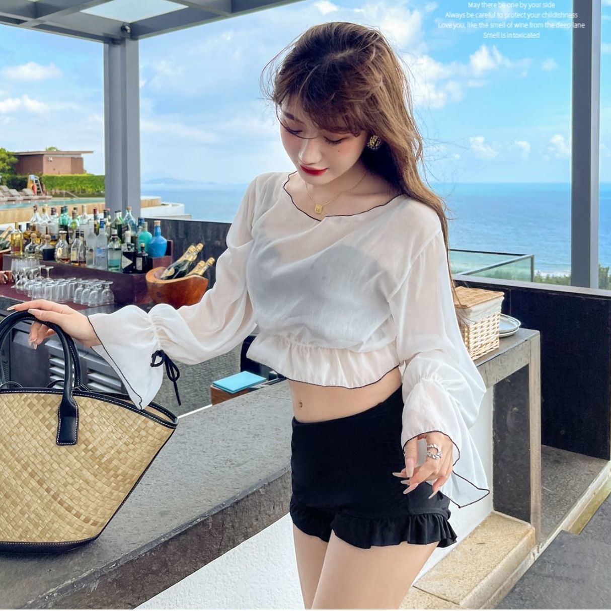 Swimsuit women's three piece set long sleeved sunscreen sexy skirt style gathered split bikini High Waist Beach Hot Spring ins style