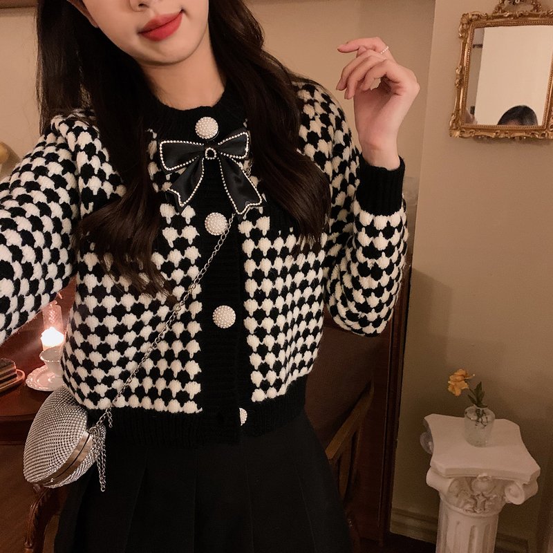 New Korean style versatile round neck thousand bird check knitted cardigan fashionable sweater butterfly detachable