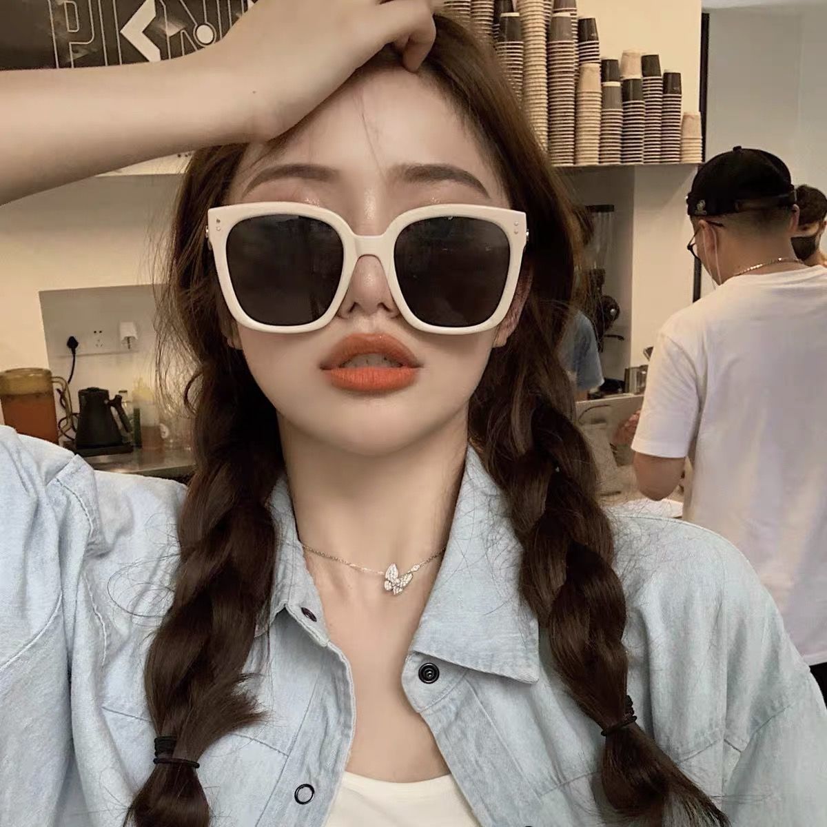Retro new Kuku same milk white sunglasses Jenny square large frame lovers Street Photo Sunglasses look thin