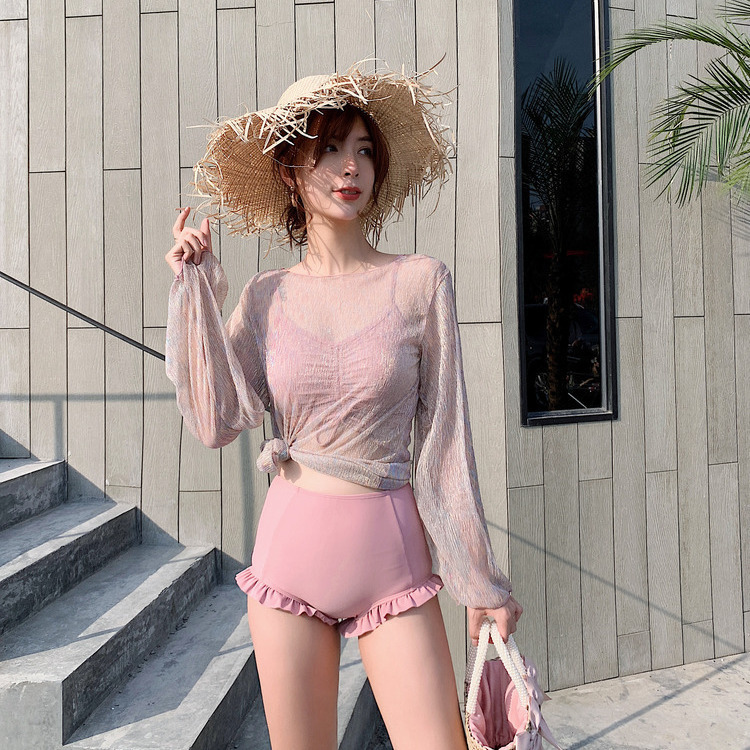 Ins style sexy long sleeved blouse small chest gathered hot spring skirt split swimsuit women's three piece bathing suit