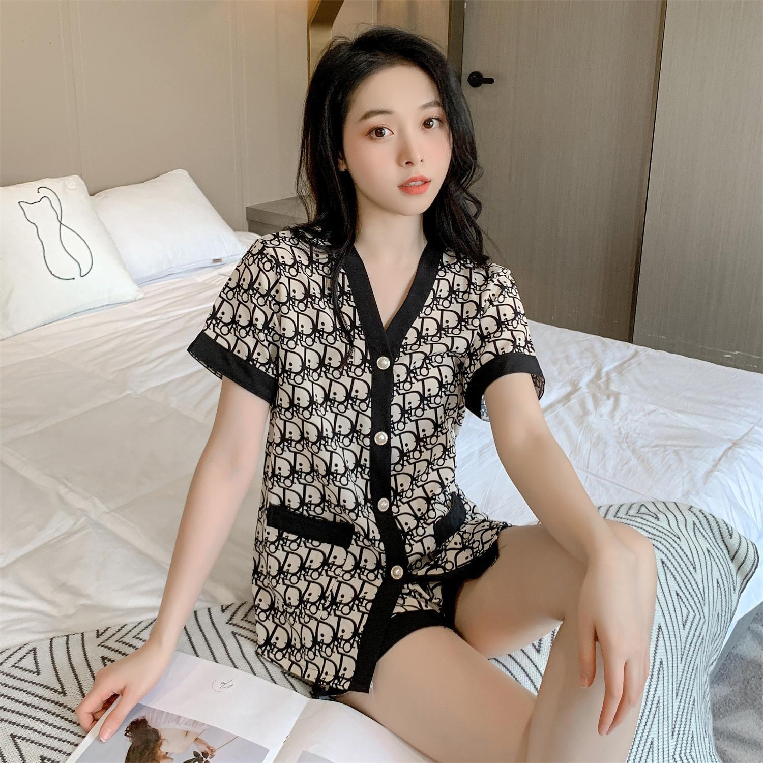 Ice silk pajamas women's summer foreign style ins style live cartoon silk spring and summer home clothes short sleeved suit