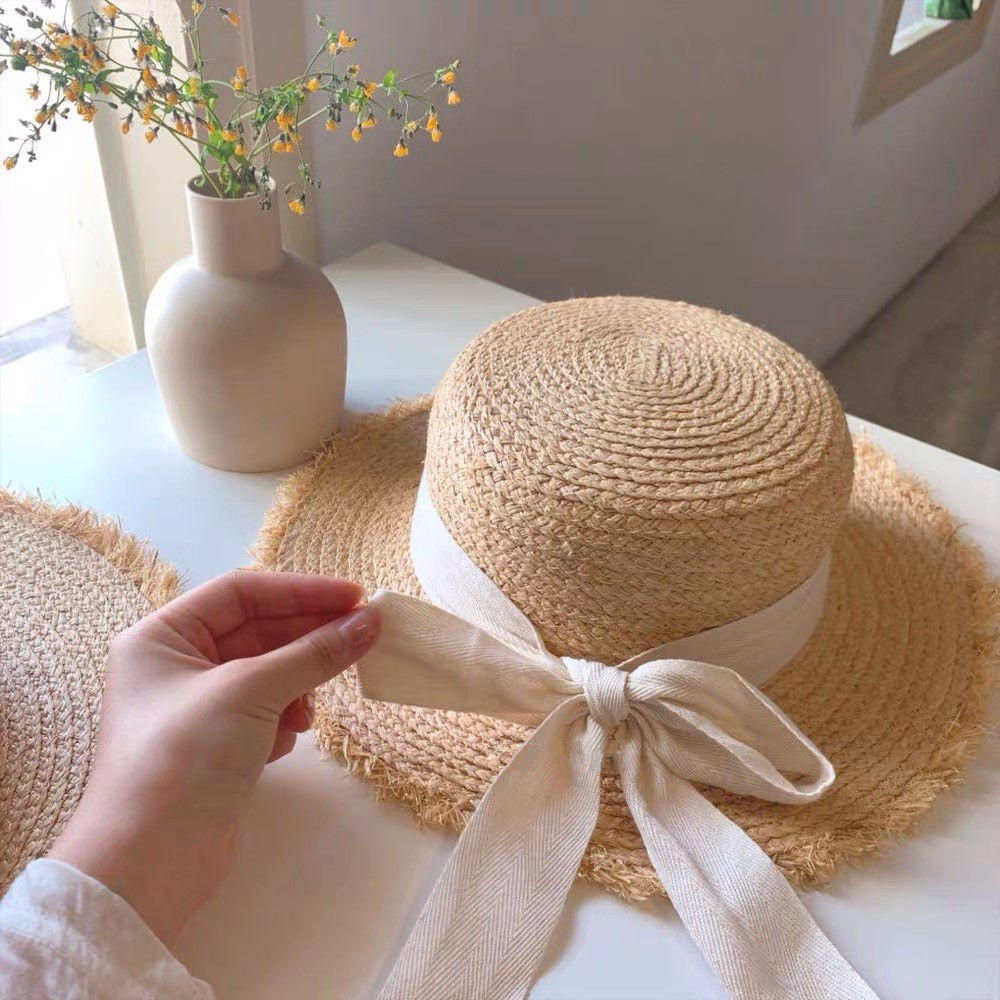 Japanese style versatile woolen Lafite Hat Women's summer flat hat bowler hat bow ribbon Beach Hat