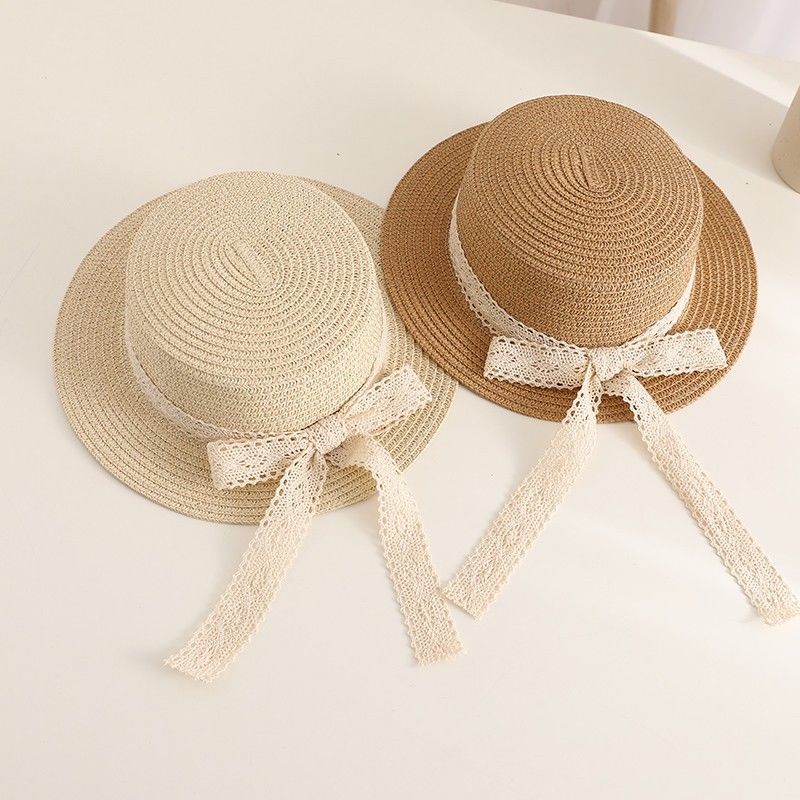 Girls' straw hat summer sun hat children's sun hat flat top flat brim Holiday Beach Hat Baby Bow Hat tide