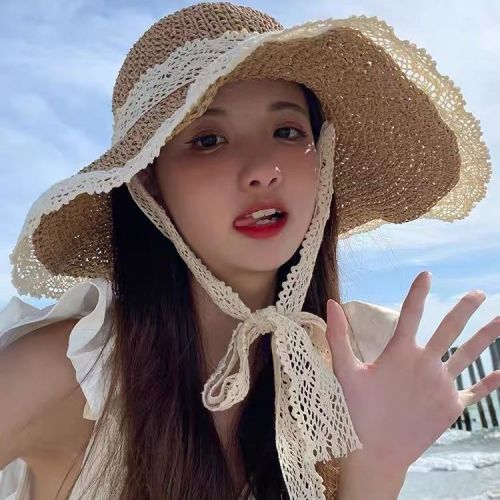 Hat female big brim net red straw hat sunscreen sunshade cover face UV protection spring and summer beach fisherman hat
