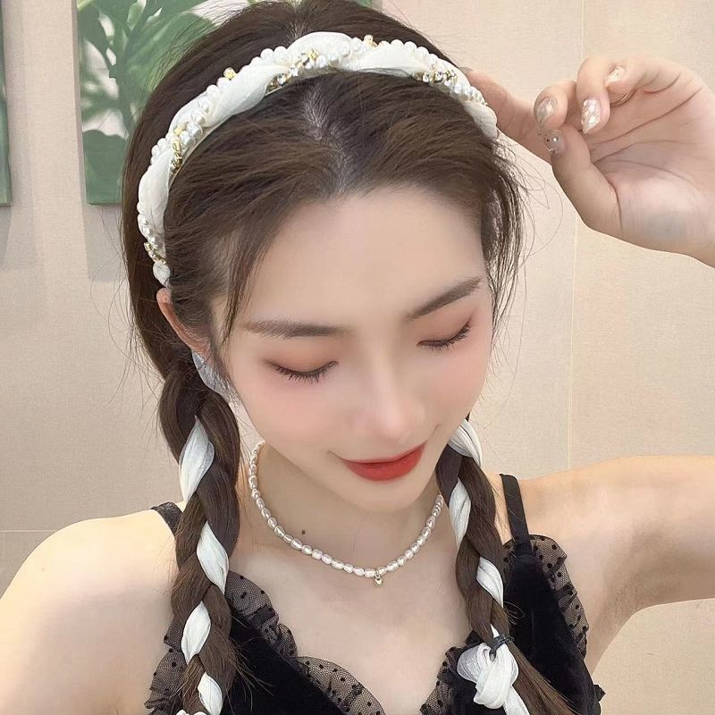 Summer new style braided hair hoop high beauty girl French super fairy pearl hair hoop ribbon binding hair foreign style headband girl