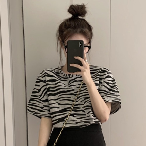 Real price cotton zebra top women's Short Sleeve Black and white stripe Korean loose