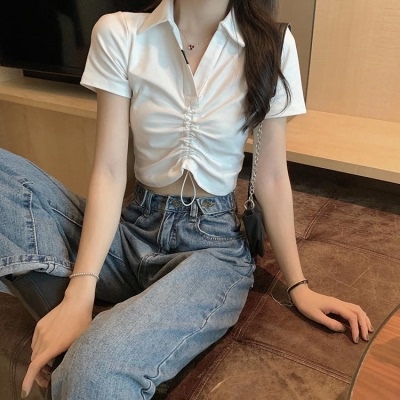 Women's summer Korean 2022 new slim pleated design, versatile short navel exposed foreign style short sleeved top