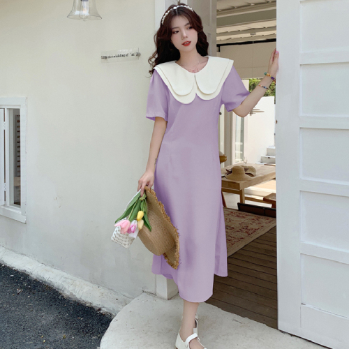 Gentle style dress Korean version  summer new style narrow waist fashion doll neck narrow waist short sleeved women's long skirt