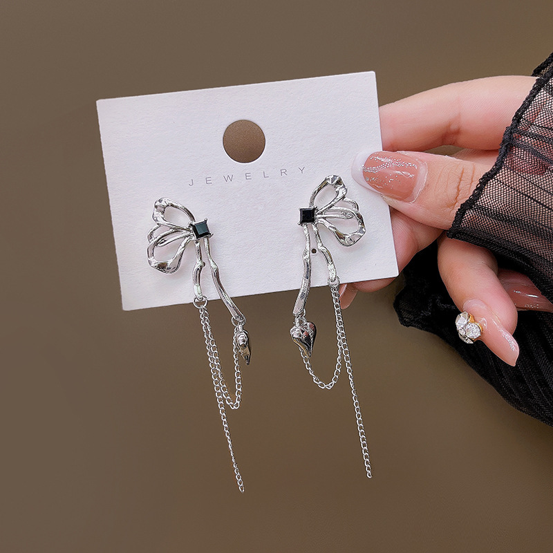 Real shot silver needle geometric metal bow chain love Zircon Earrings temperament earrings earrings jewelry female