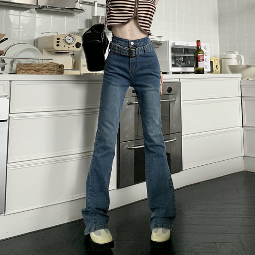 Real price high waist thin jeans women's Retro belt slim fit versatile micro horn pants